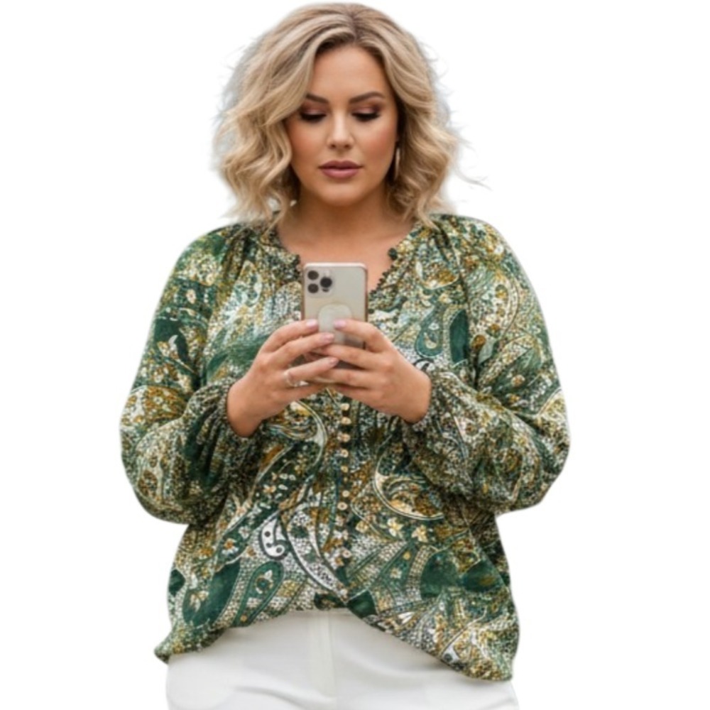 City Chic Paisley Boho Blouse Women's 1X Viscose India Loop Button V‑Neck Top - Picture 1 of 14